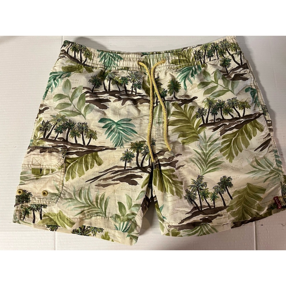 Tommy Bahama Swim Trunks Men Large Green Tropical Palm‎ Tree Cargo Board Shorts